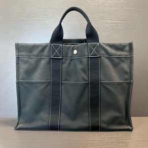 Hermes Tote Unisex Black Canvas with Black Detailing & White Stitching